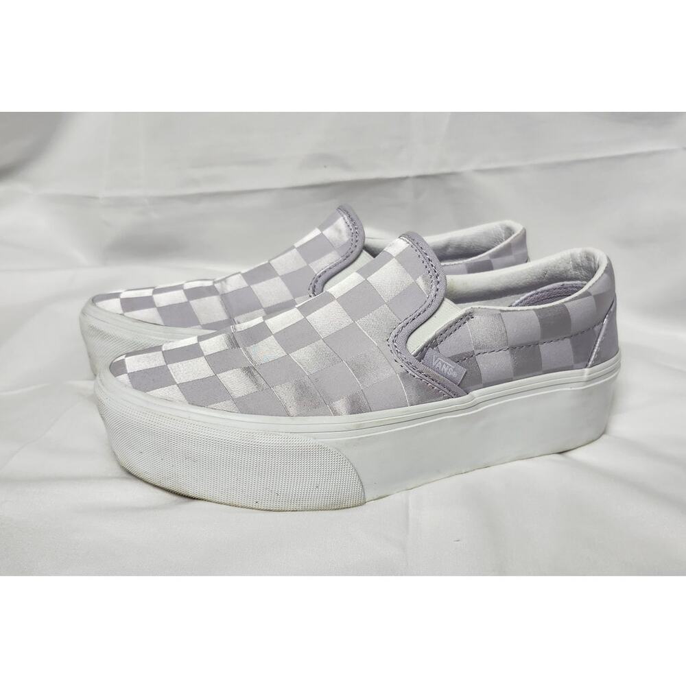 Vans Classic Slip-On Stackform Checkerboard Shoe in Lilac Purple Satin Women's 9